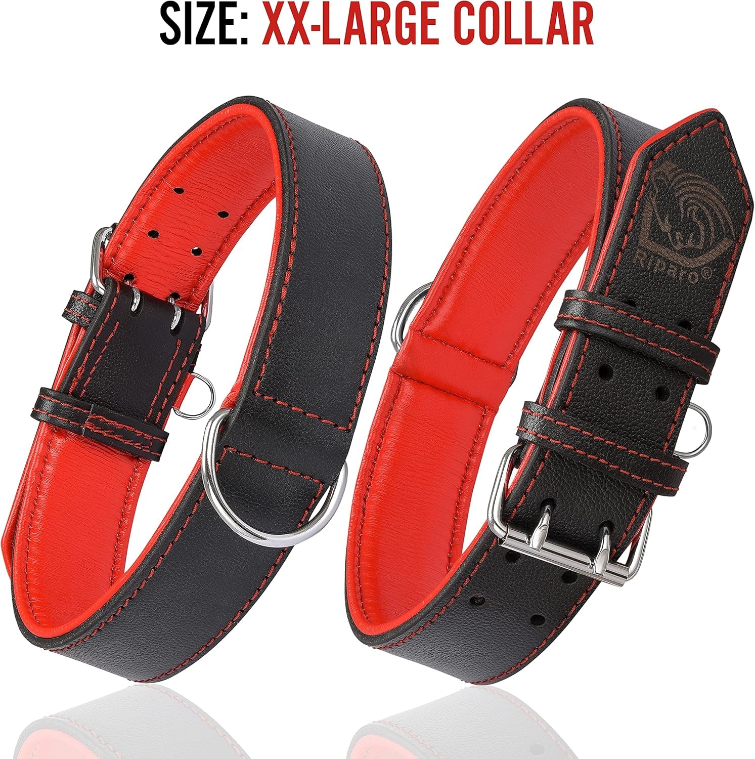 Riparo Adjustable Leather Dog Collar - Heavy Duty Wide Dog Collar for Small, Medium, Large and Extra Large Dogs with Dog Tag Holder (XXL: 2” Wide for 24”-29” Neck, Black/Red Thread)
