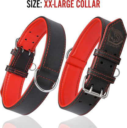 Riparo Adjustable Leather Dog Collar - Heavy Duty Wide Dog Collar for Small, Medium, Large and Extra Large Dogs with Dog Tag Holder (XXL: 2” Wide for 24”-29” Neck, Black/Red Thread)