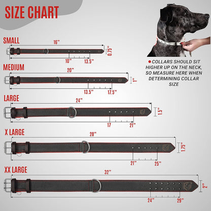 Riparo Adjustable Leather Dog Collar - Heavy Duty Wide Dog Collar for Small, Medium, Large and Extra Large Dogs with Dog Tag Holder (XXL: 2” Wide for 24”-29” Neck, Black/Red Thread)