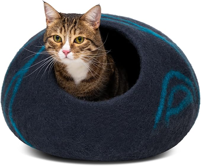Cat Cave – Premium Felt Cat Bed for Indoor Cats, Handmade 100% Merino Wool (Aquamarine/Black Aqua, Medium)